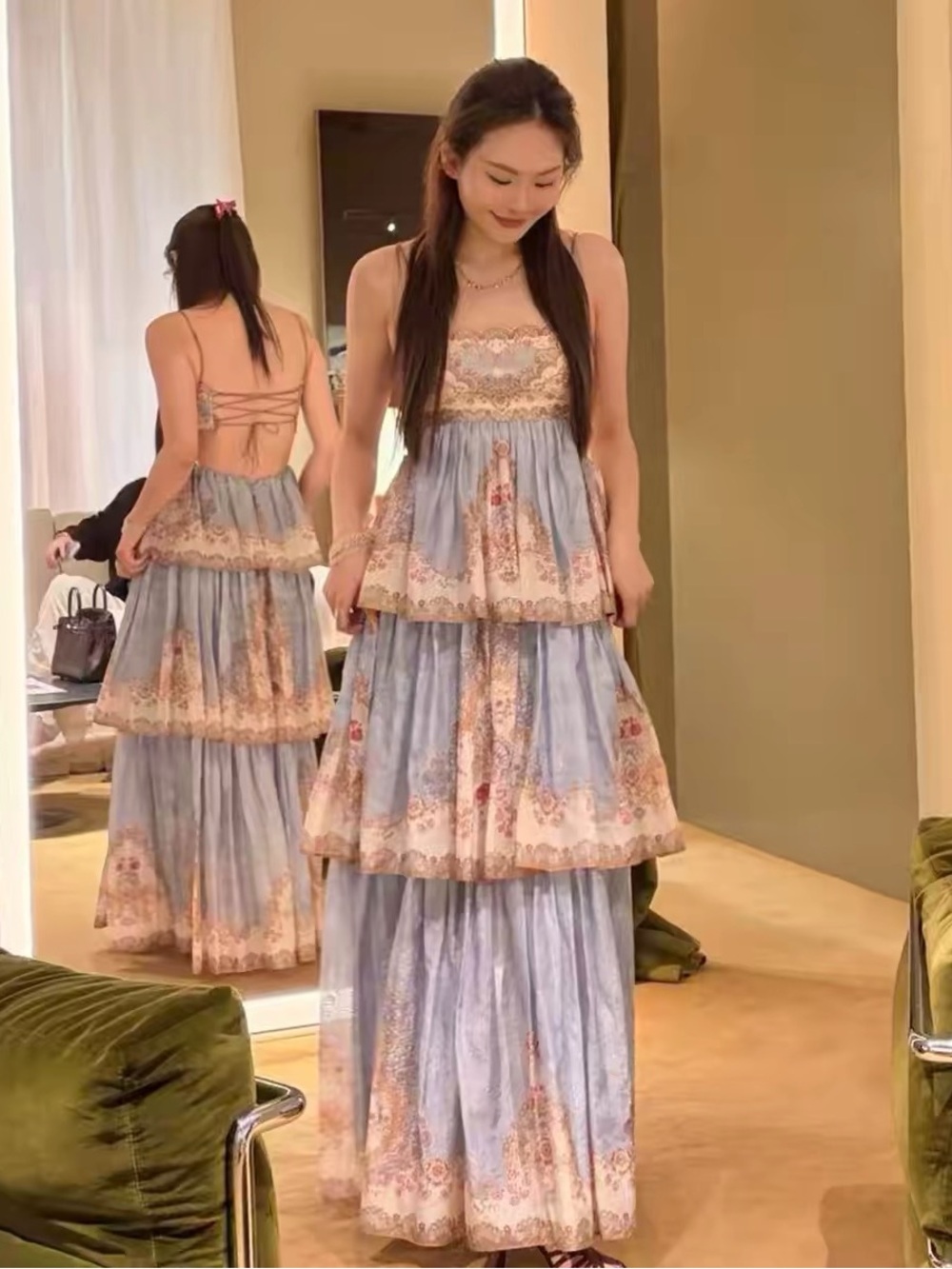 Designer-style Tiered Maxi Dress in Powder Blue-New